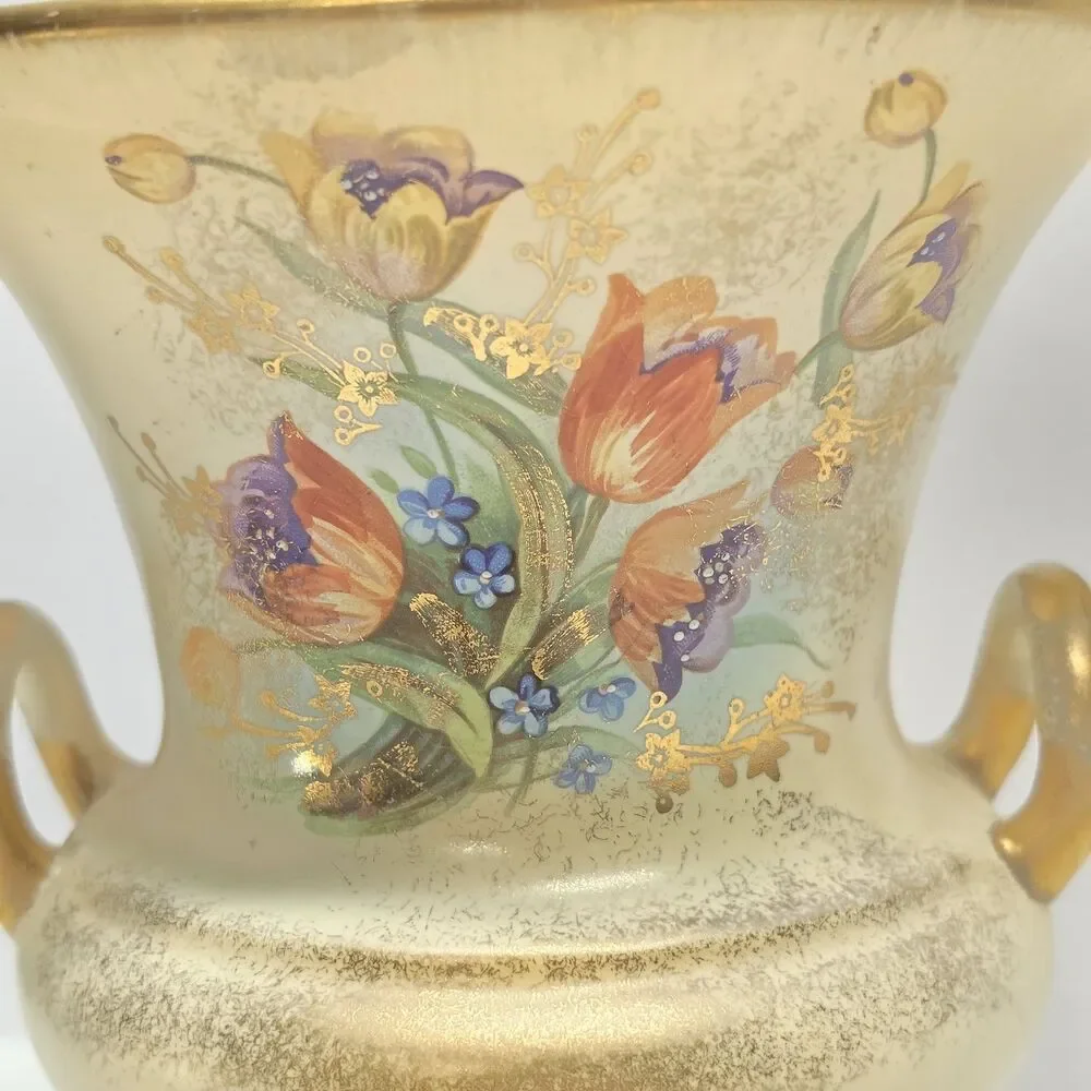 Vintage 40s Red Wing Pottery JB Hudson Hand Painted Handled Floral Vase MCM